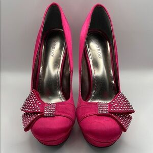 Bamboo Women's Pink Heels with Rhinestone Bow